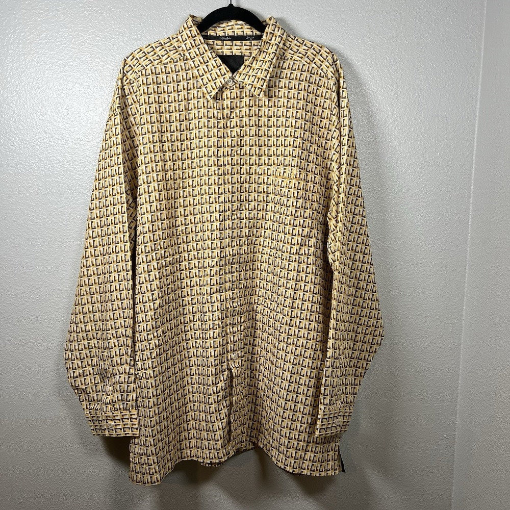 Sean John Yellow Brown  Men's XXL Long Sleeve Polyester‎ Shirt Geometric Print